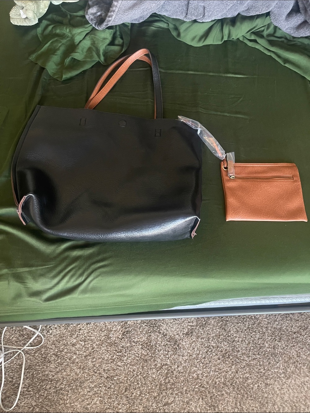 Street Level Black Tote with Brown Handles